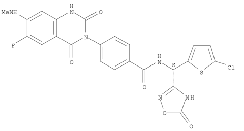 Benzamide, N-[(S)-(5-chloro-2-thienyl)(2,5-dihydro-5-oxo-1,2,4-oxadiazol-3-yl)methyl]-4-[6-fluoro-1,4-dihydro-7-(methylamino)-2,4-dioxo-3(2H)-quinazolinyl]-